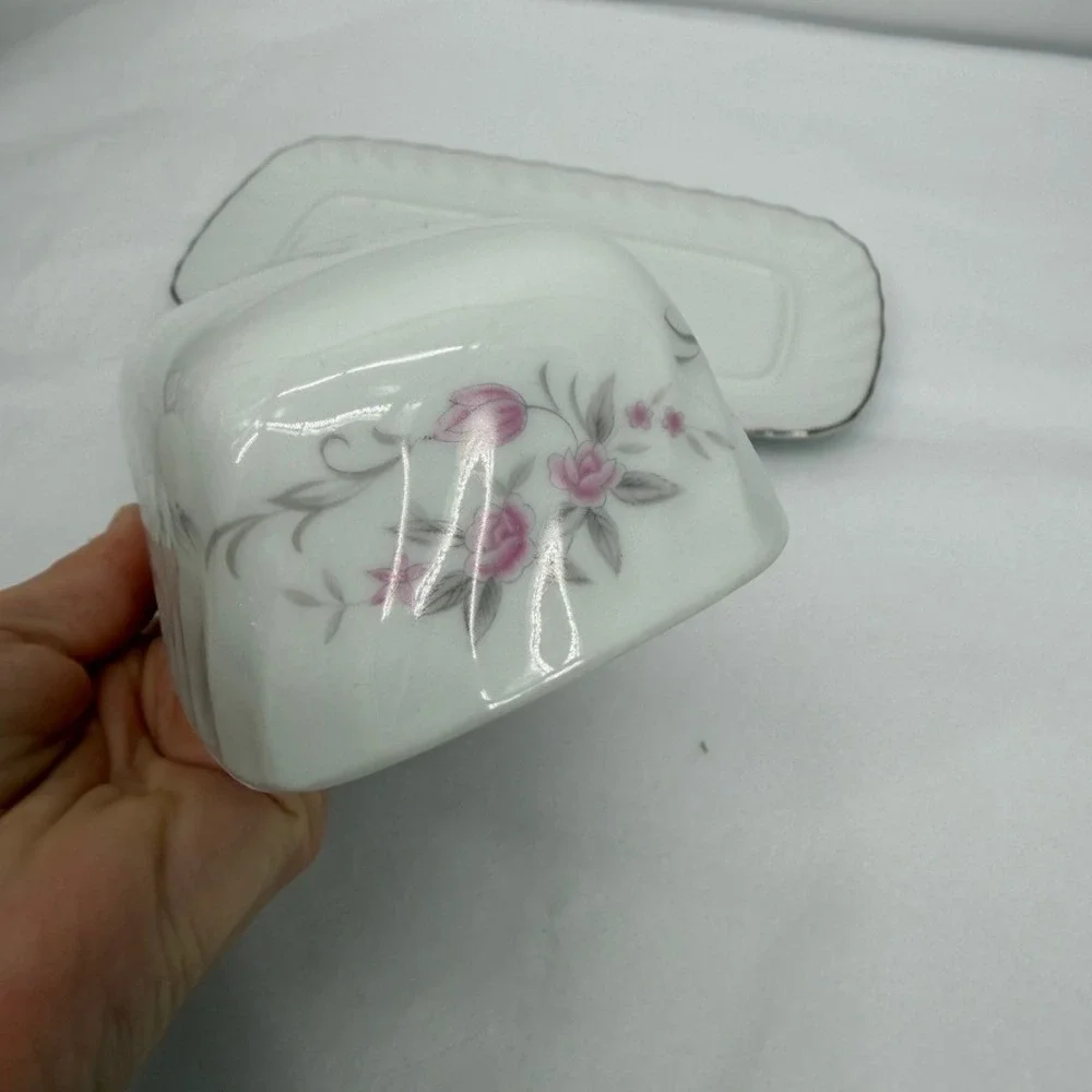Gold Standard Butter Dish Floral Pink Rose Silver Trim Vintage Whimsical NOS